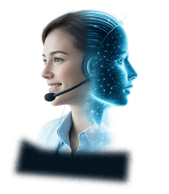 Split portrait showing a smiling human agent with a headset beside an AI wireframe face