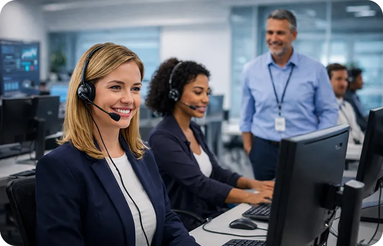 Two call center agents working at desks with a supervisor behind them