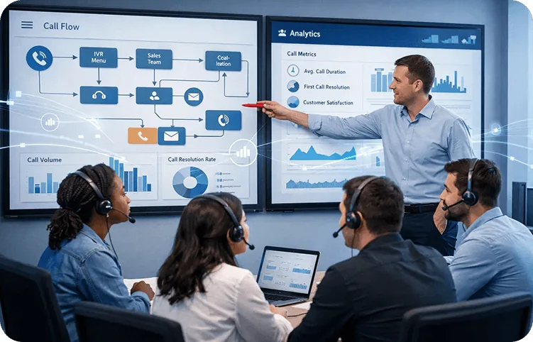 Team reviewing call flow and analytics dashboards
