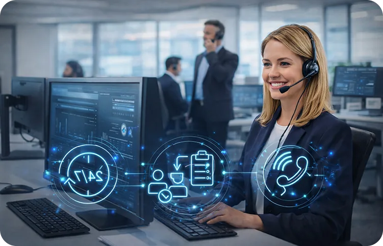 Live agent at a desk with holographic call-handling icons