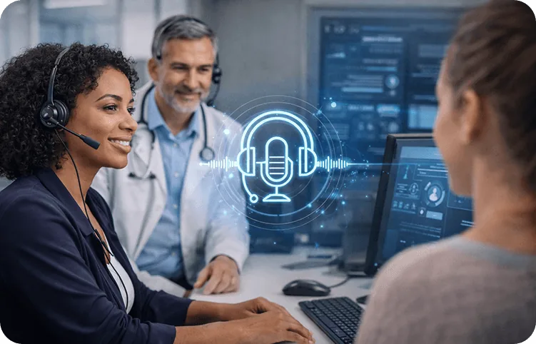Medical office agent working with a doctor, patient, and AI microphone interface