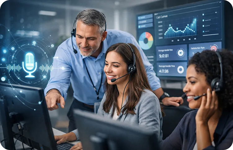 Team reviewing voice-agent performance metrics together